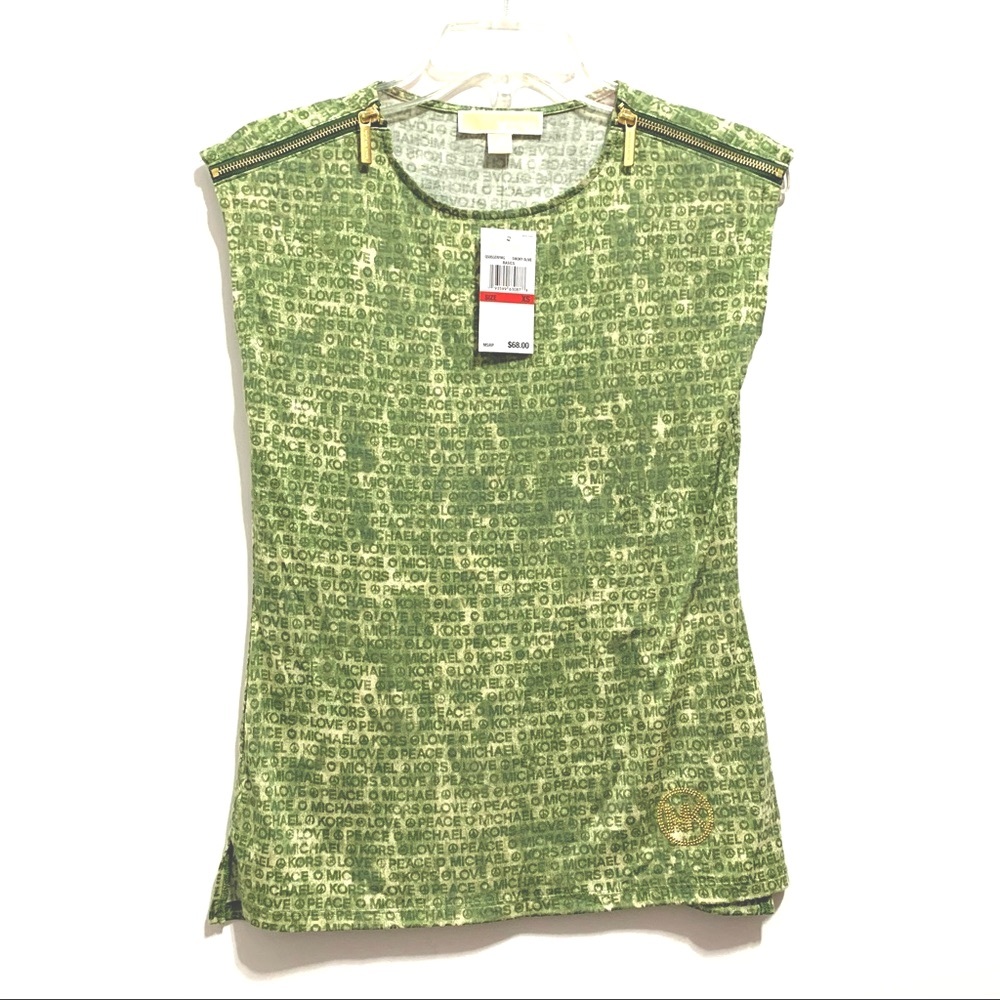 🆕 MICHAEL Michael Kors Zip Boatneck Green Gold Logo Zipper Sleeveless Top